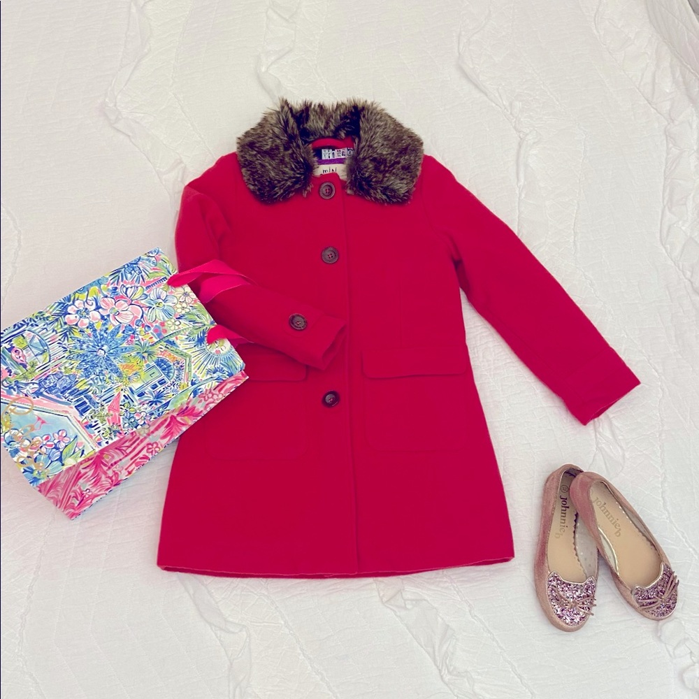 NWOT Mini Boden wool lined coat w/ faux fur trim